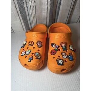 Adult Classic Crocs Orange Clogs (W Size 9, M Size 7) With Halloween Charms